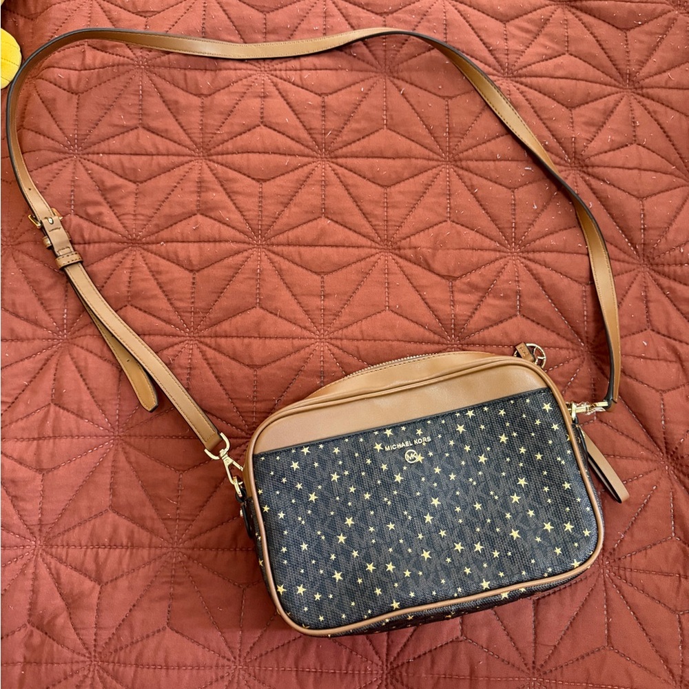 Michael Kors Navy Star-Print Crossbody with Tan Leather Trim